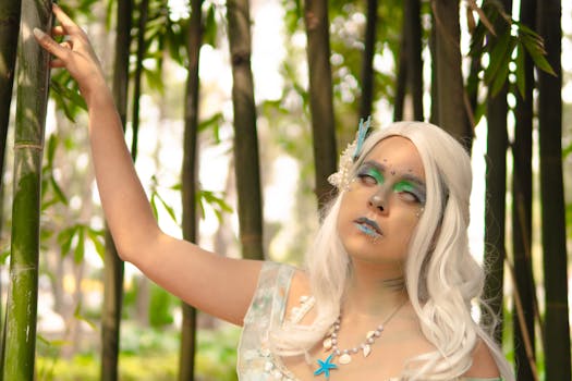 Woman in artistic fairy costume with elaborate makeup in a bamboo grove.