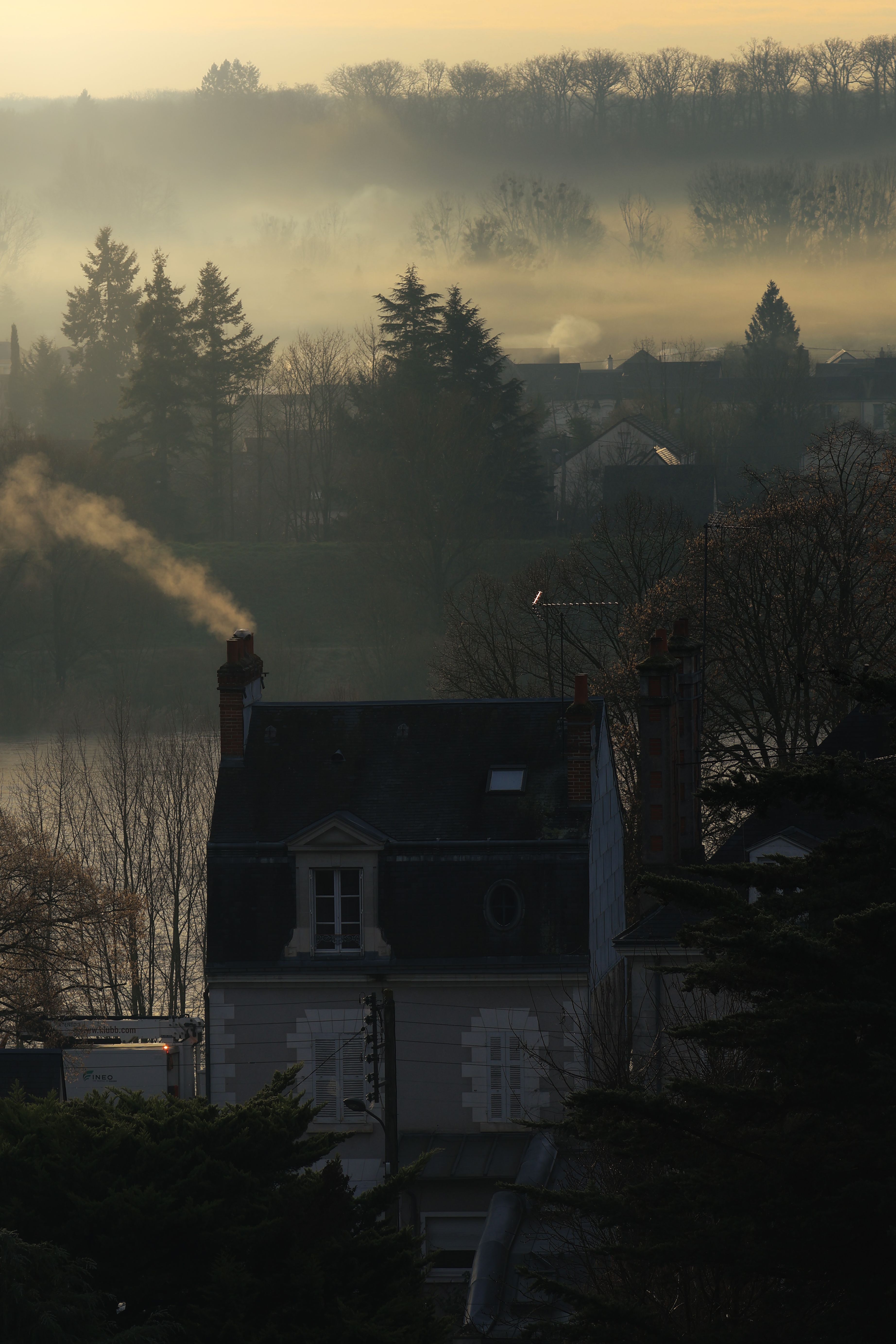A foggy morning scene with trees, rooftops, and smoke rising, creating a serene urban landscape.