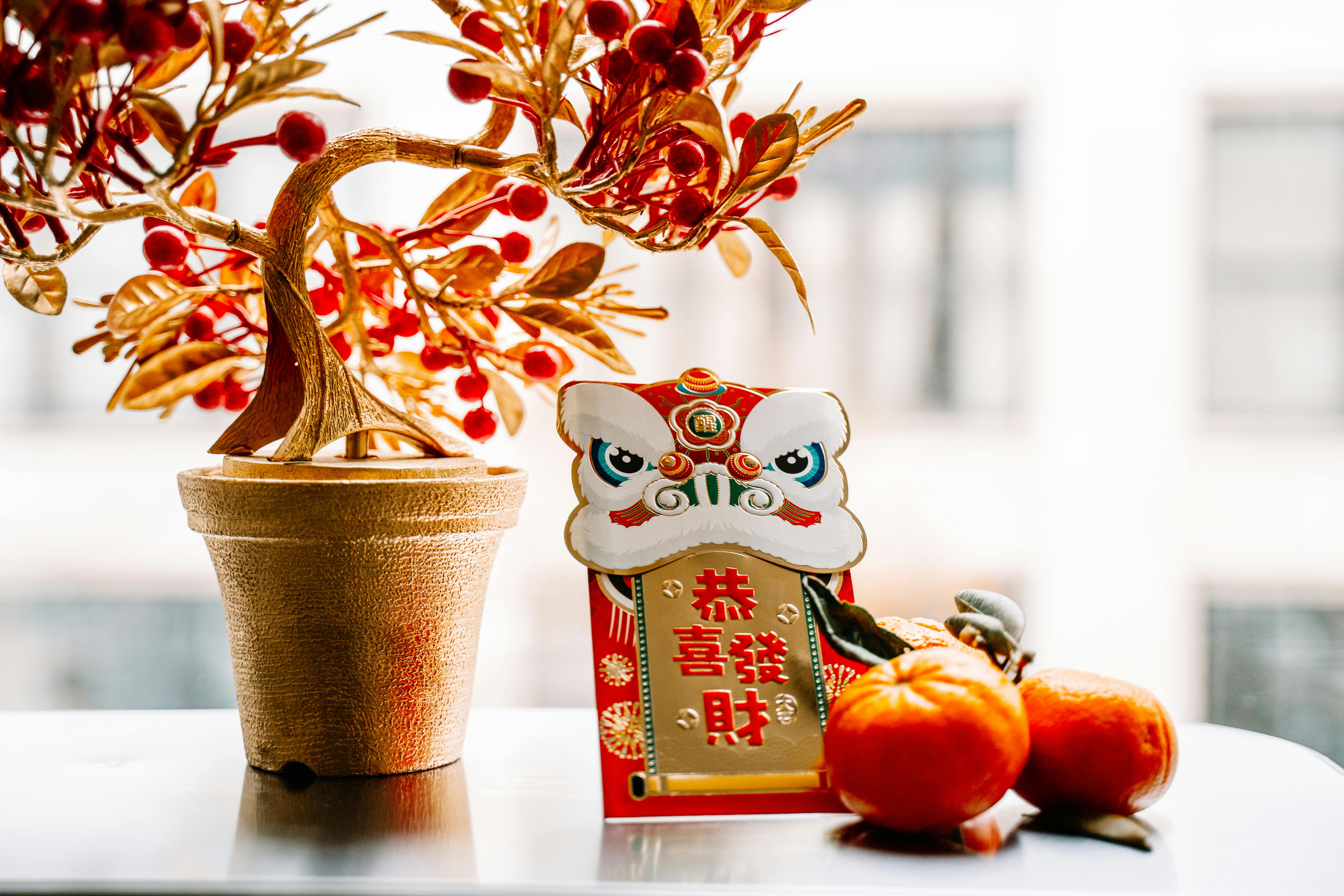 Gratis Dekorasi Tahun Baru Imlek yang meriah menampilkan jeruk, pohon hias, dan amplop merah tradisional. Foto Stok