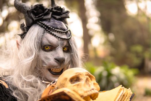 Demonic creature with a skull in a mystical forest setting, Mexico.