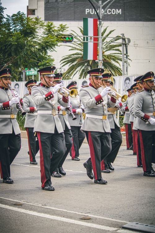 Free Mexican military parade in Mexico City showcasing uniformed soldiers playing trumpets in synchronized formation. Stock Photo