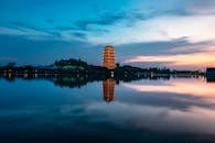 Stunning Sunset Over Chinese Pagoda Reflection