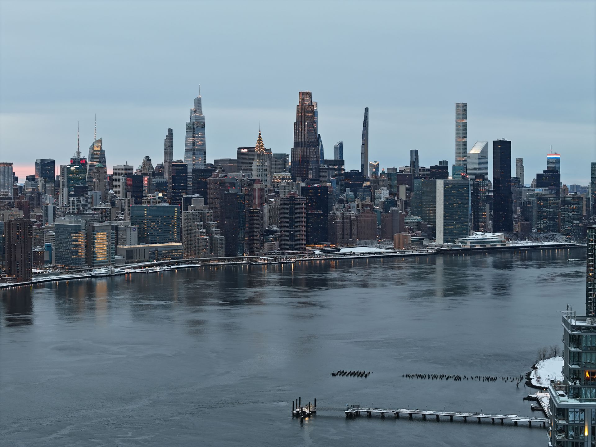 Manhattan newsroom area skyline at dusk