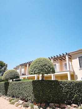 Exterior of a Mediterranean-style house with lush topiary and blue sky, ideal for real estate and architecture themes.