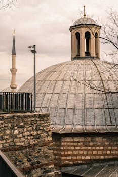 A striking view of a dome and minaret showcasing timeless architectural beauty.