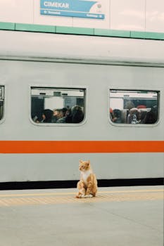 Orange cat sitting at Cimekar Station with passing train in Bandung, Indonesia.