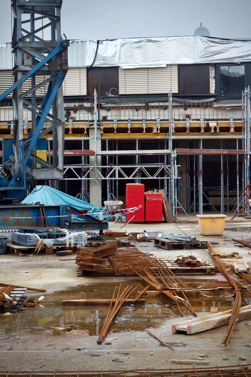 Industrial construction site with materials and equipment