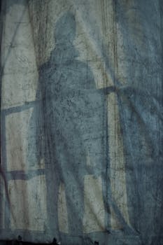 Shadow of a person seen through a textured, grungy curtain creating a mysterious effect.
