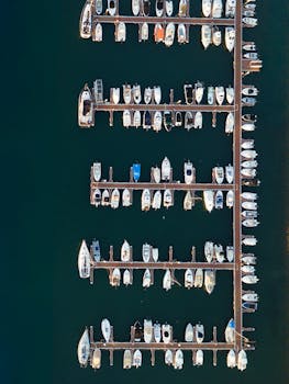 Aerial shot of a vibrant boat marina in Olhão, Faro District, Portugal.