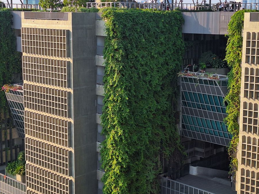 Vue aérienne d'un immeuble moderne à façade végétalisée