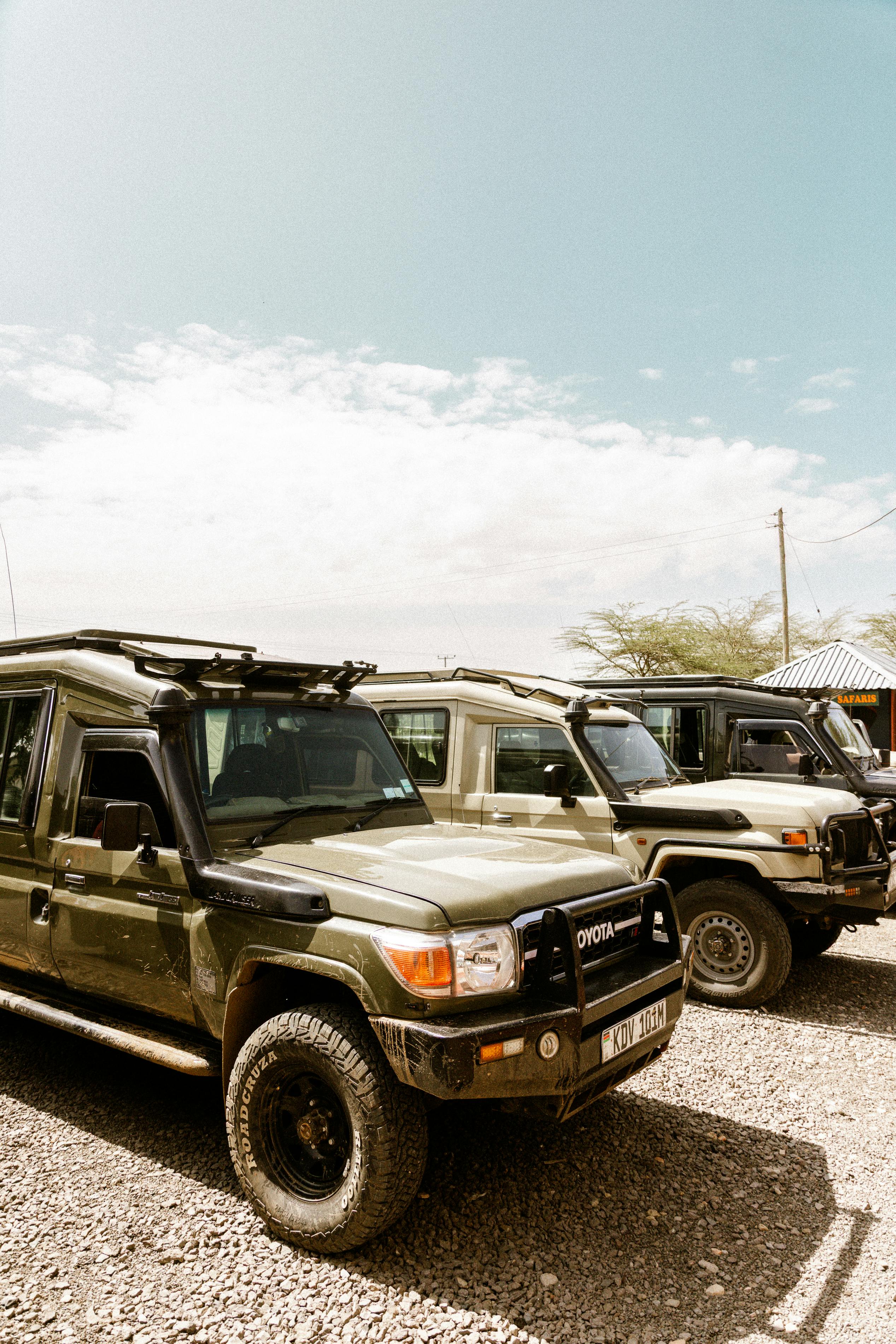 Gratis Deretan kendaraan safari off-road terparkir di bawah langit cerah, siap untuk berpetualang. Foto Stok