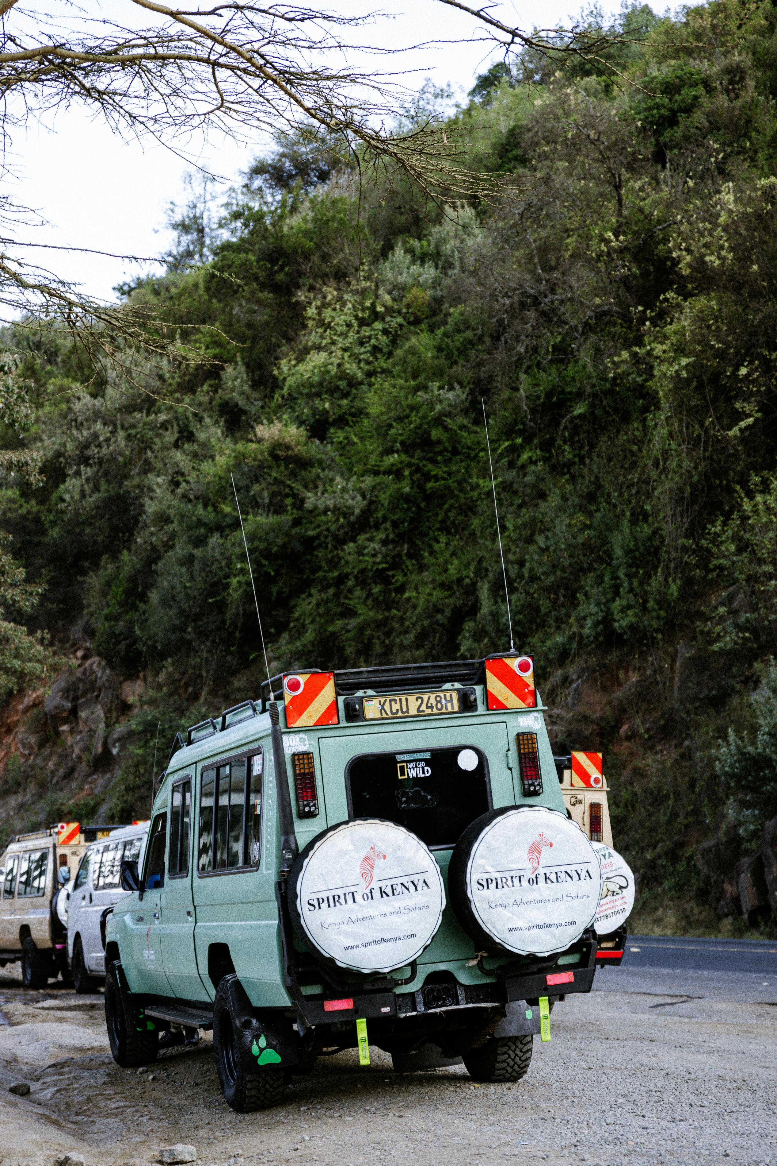 Gratis Safarikøretøjer parkeret langs en frodig grøn vej i Kenya, perfekt til afrikanske eventyr. Lagerfoto