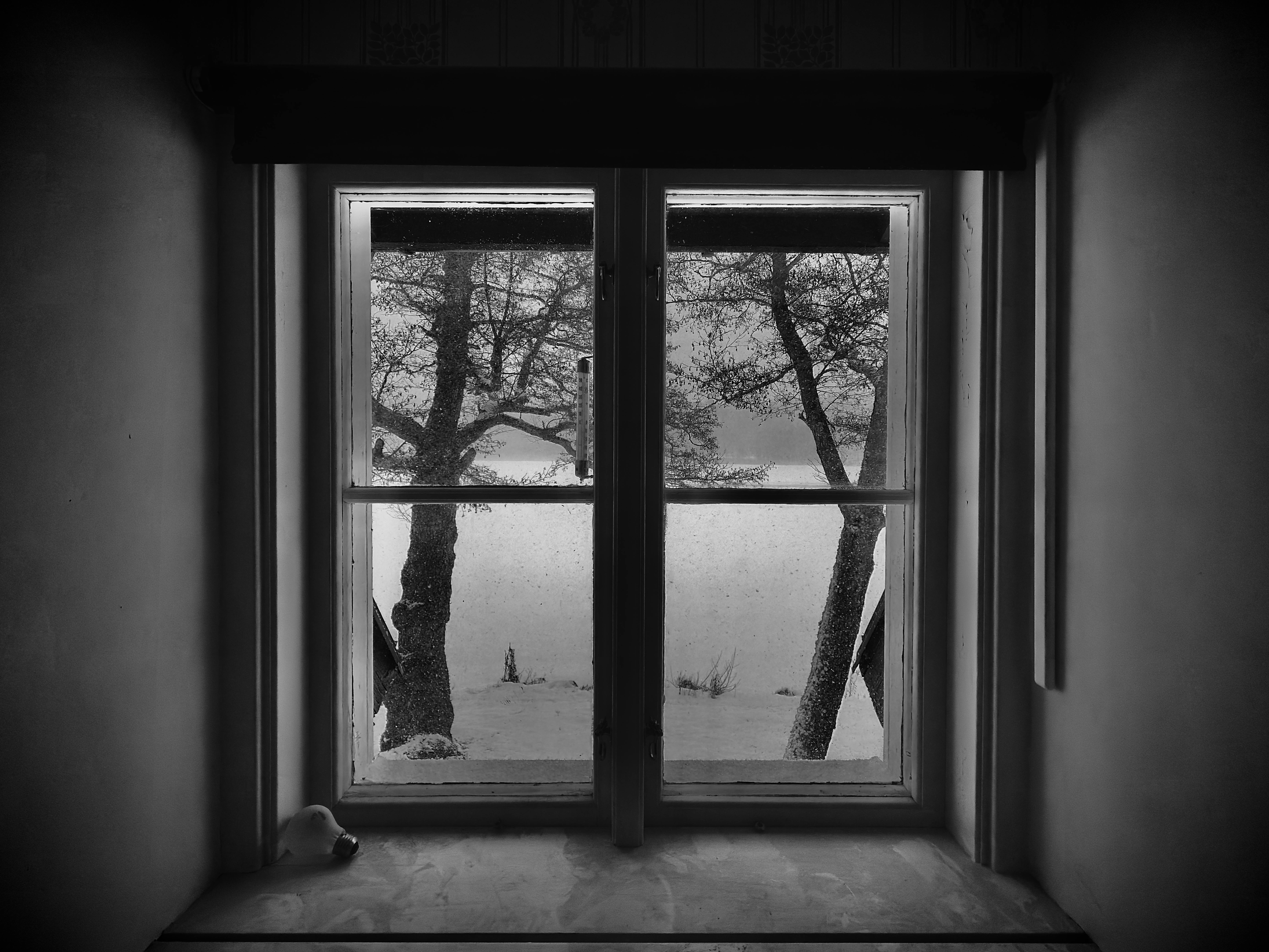 無料 窓越しに雪に覆われた静かな風景を捉えた白黒写真。穏やかな冬の雰囲気が感じられます。 写真素材