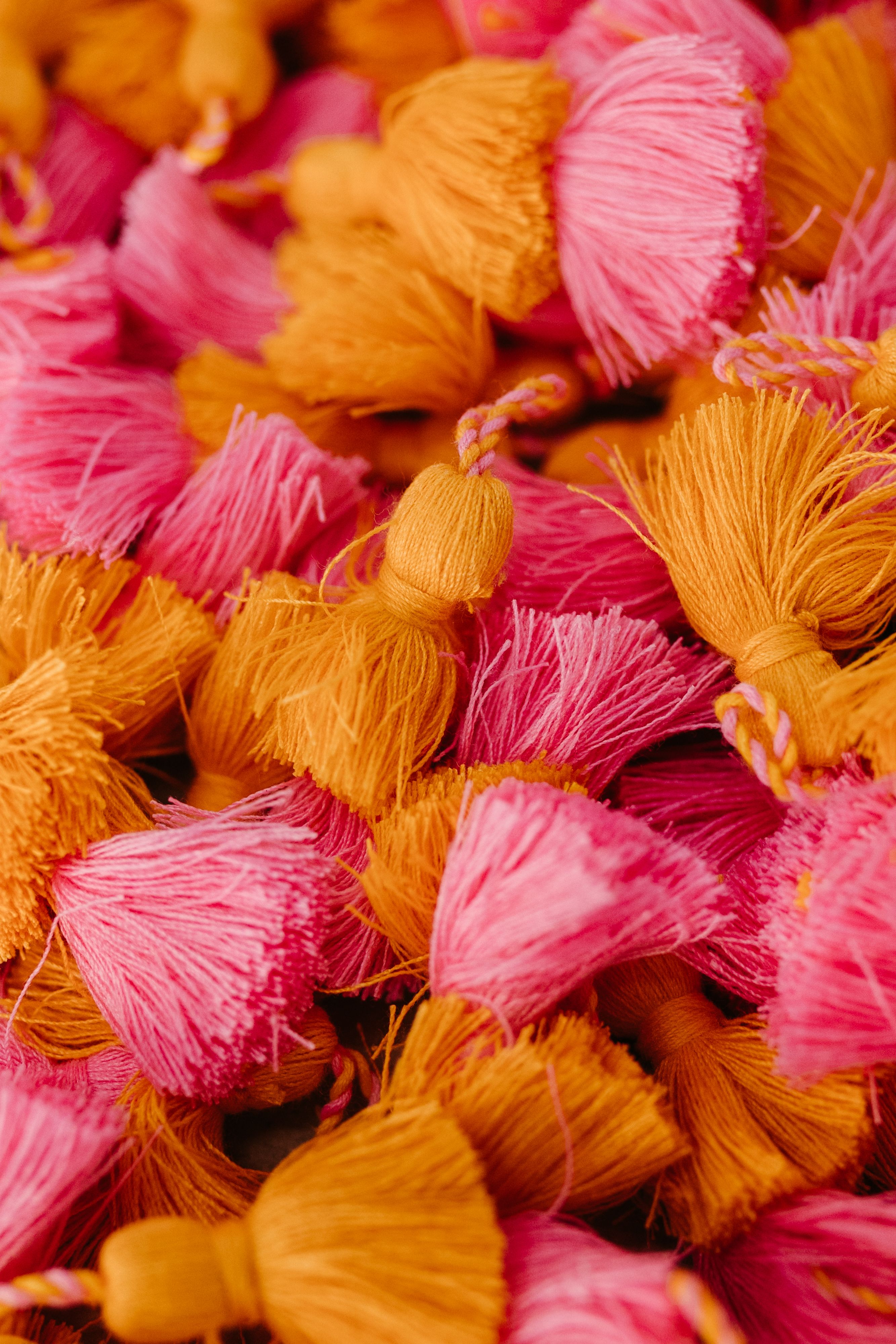 Close-up view of pink and orange tassels showcasing detailed texture.