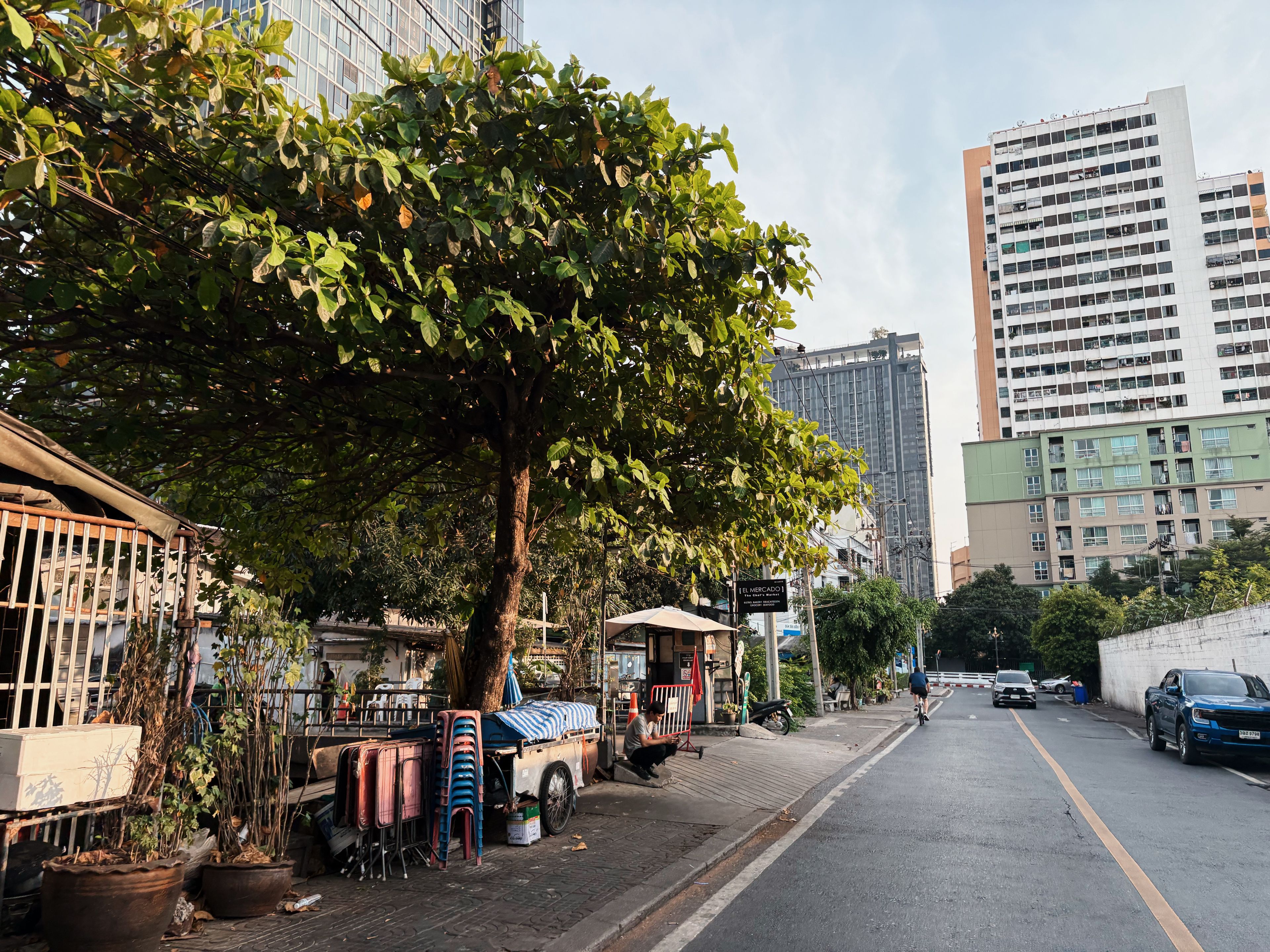 Quiet plant-filled courtyard at a budget guesthouse off Soi Rambuttri near Khao San Road, Bangkok