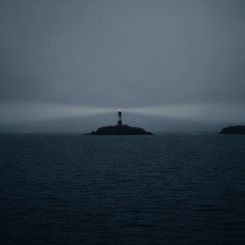 Dramatic lighthouse scene in Ushuaia, Argentina's Patagonia during twilight.