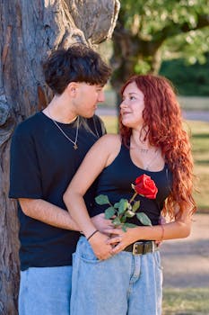 A young couple embracing with a red rose outdoors, capturing a romantic moment.