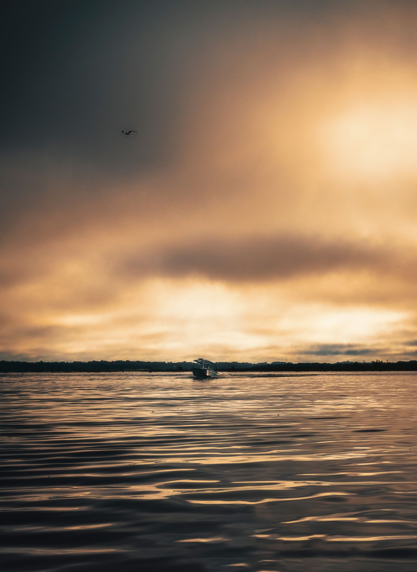 Boat on the Amazon River near Iquitos, Peru, at sunset