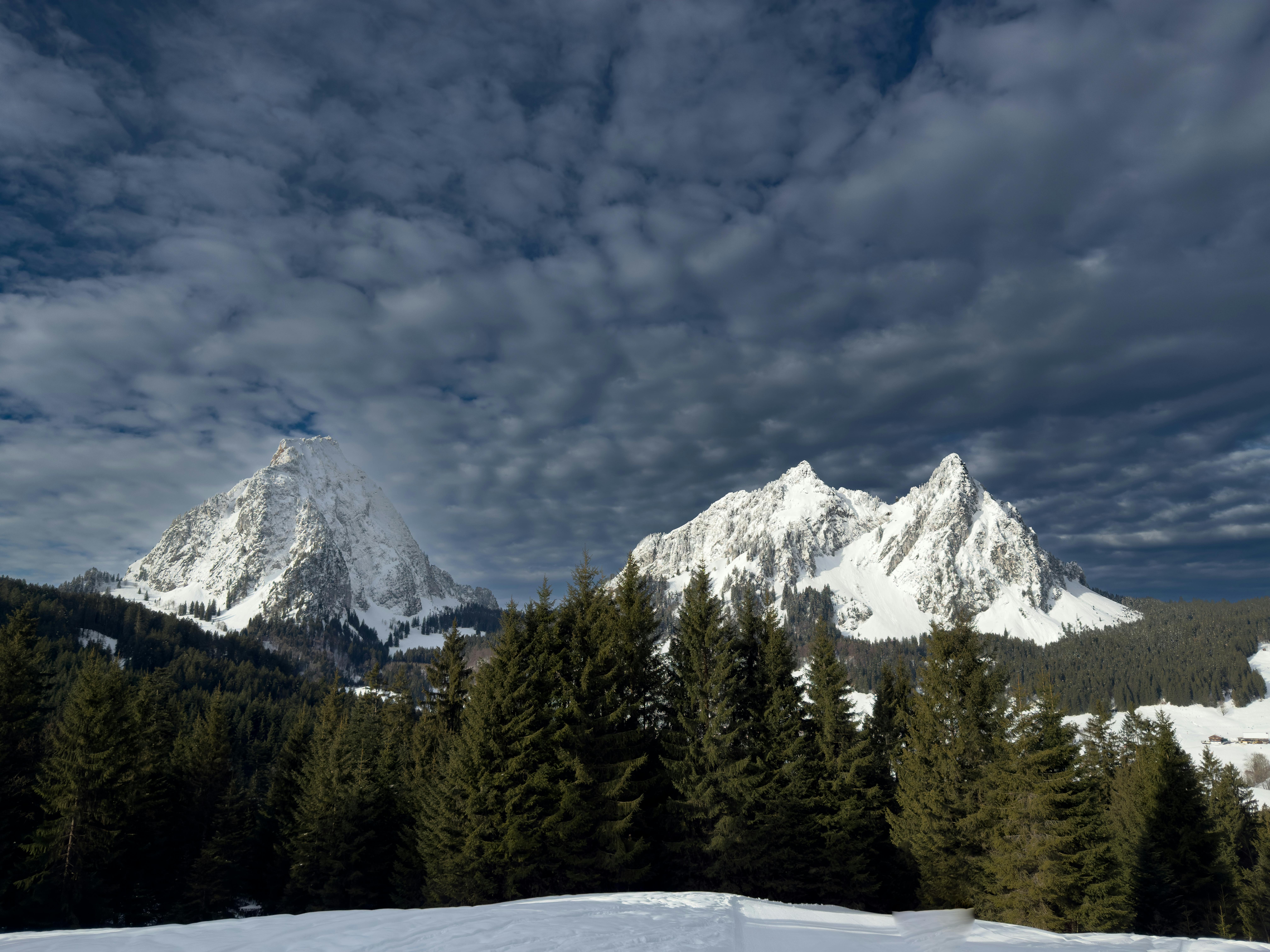 Gratis Pemandangan musim dingin yang mempesona dengan puncak-puncak bersalju di Schwyz, Swiss. Foto Stok