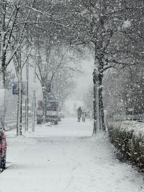 Free Snow-covered street with people walking during a heavy snowfall, creating a winter wonderland atmosphere. Stock Photo