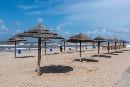 Peaceful beach scene featuring rustic straw parasols under a bright blue sky with a gentle sea breeze.