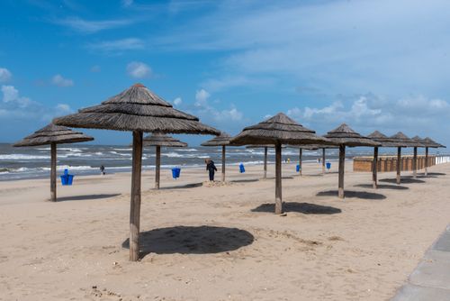 Free Peaceful beach scene featuring rustic straw parasols under a bright blue sky with a gentle sea breeze. Stock Photo