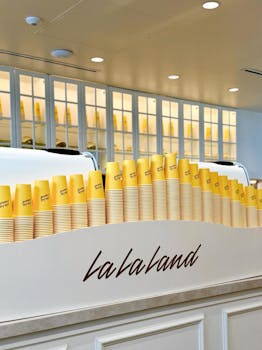 Vibrant yellow coffee cups neatly arranged at La La Land Café in Plano, Texas.