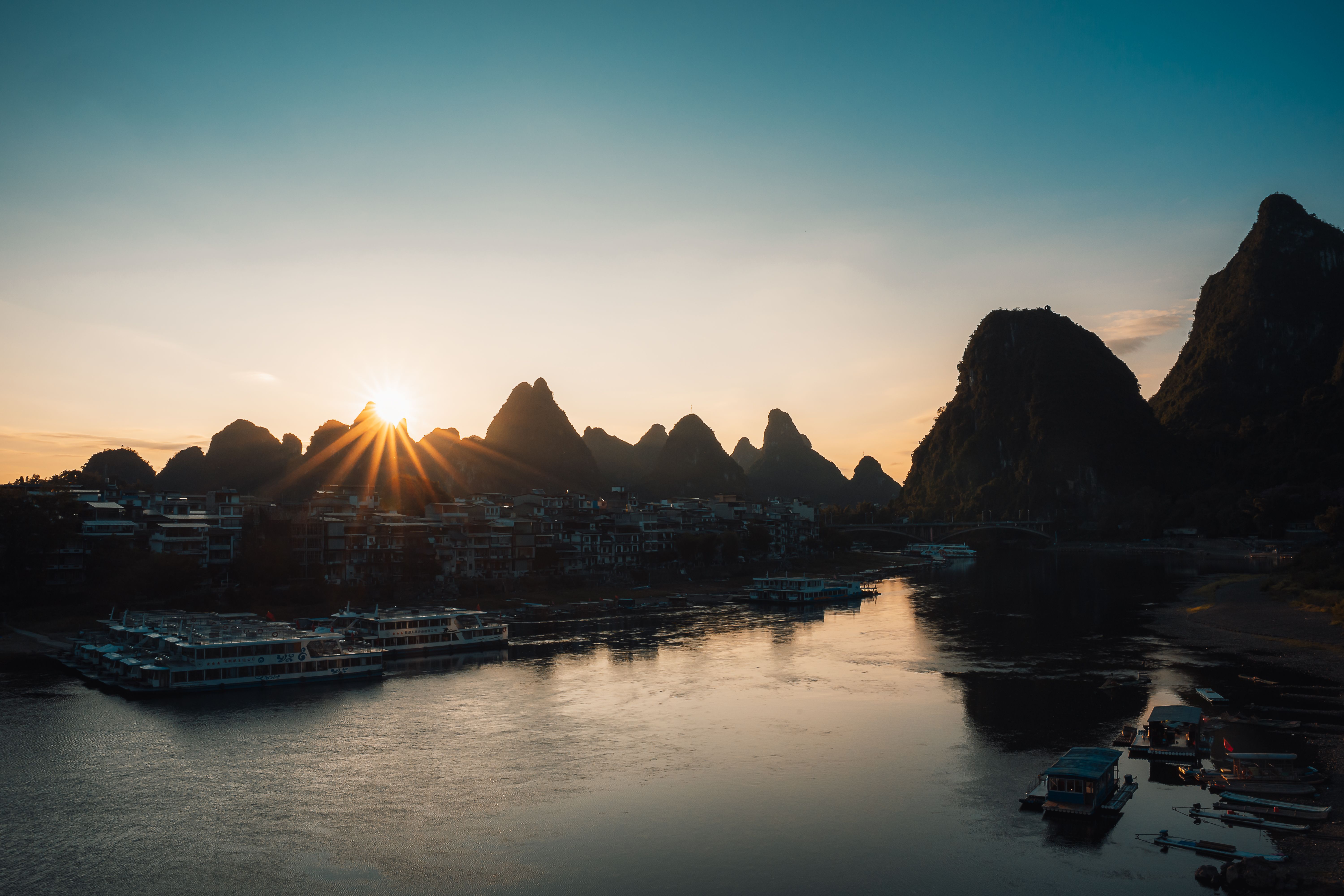 Stunning sunset view with karst mountains in Guilin, China.