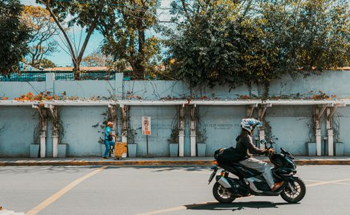 Free Vibrant street scene featuring a scooter and pedestrian under trees. Stock Photo