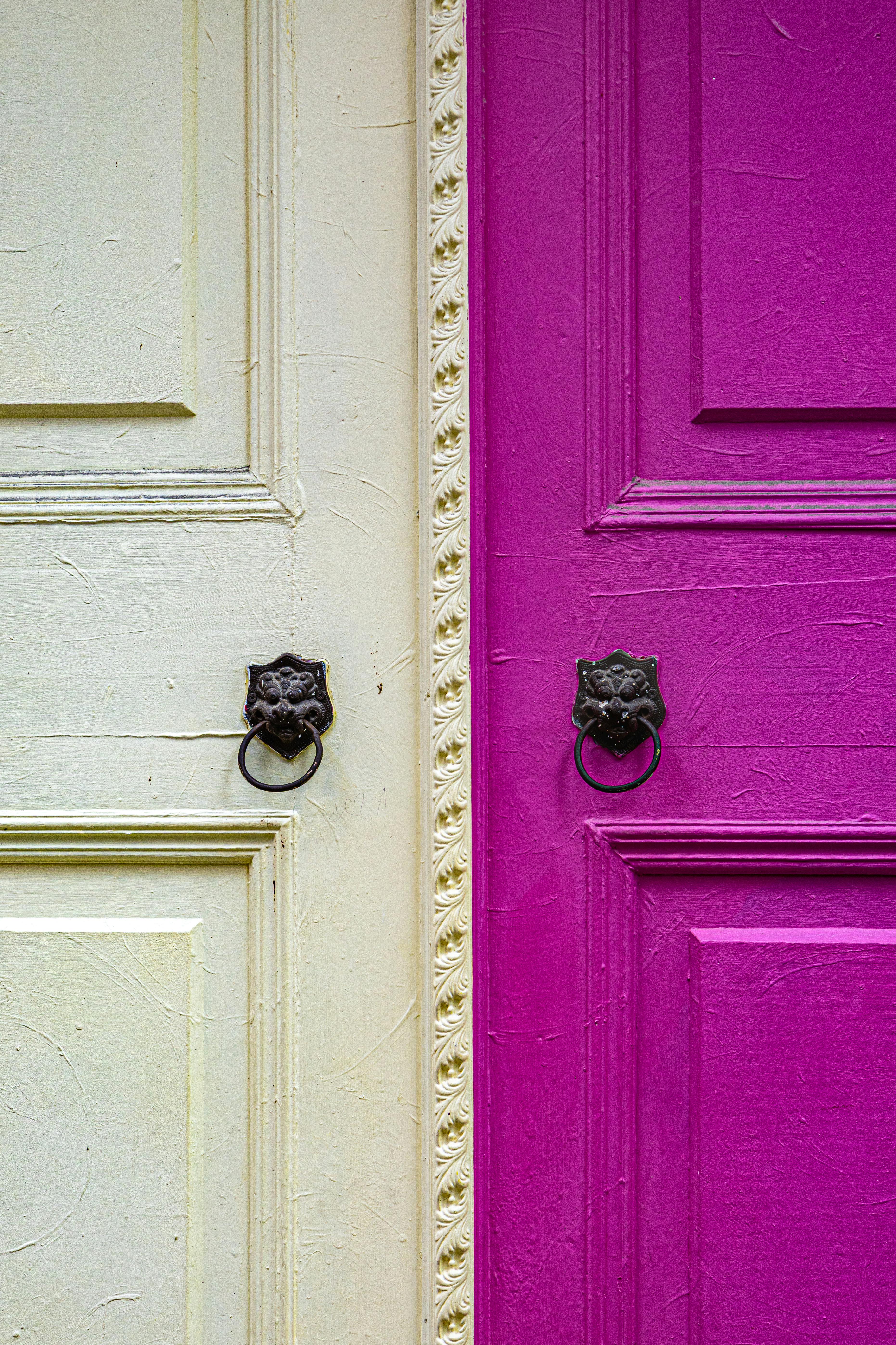 無料 装飾的なライオンの形をしたノッカーが付いた、対照的なクリーム色とピンクのドアのクローズアップ。 写真素材