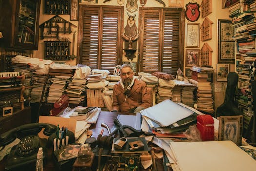 Elderly man sits in cluttered study, surrounded by vintage decor and piles of books and papers.