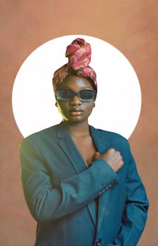 Elegant portrait of a woman in sunglasses and a colorful headwrap against a minimalist background.
