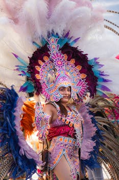 Colorful portrait of a woman in an elaborate festival costume with feathers and intricate patterns.