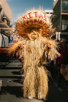 Man wearing a straw costume at a festival in Pachuca, Mexico, showcasing vibrant cultural traditions.