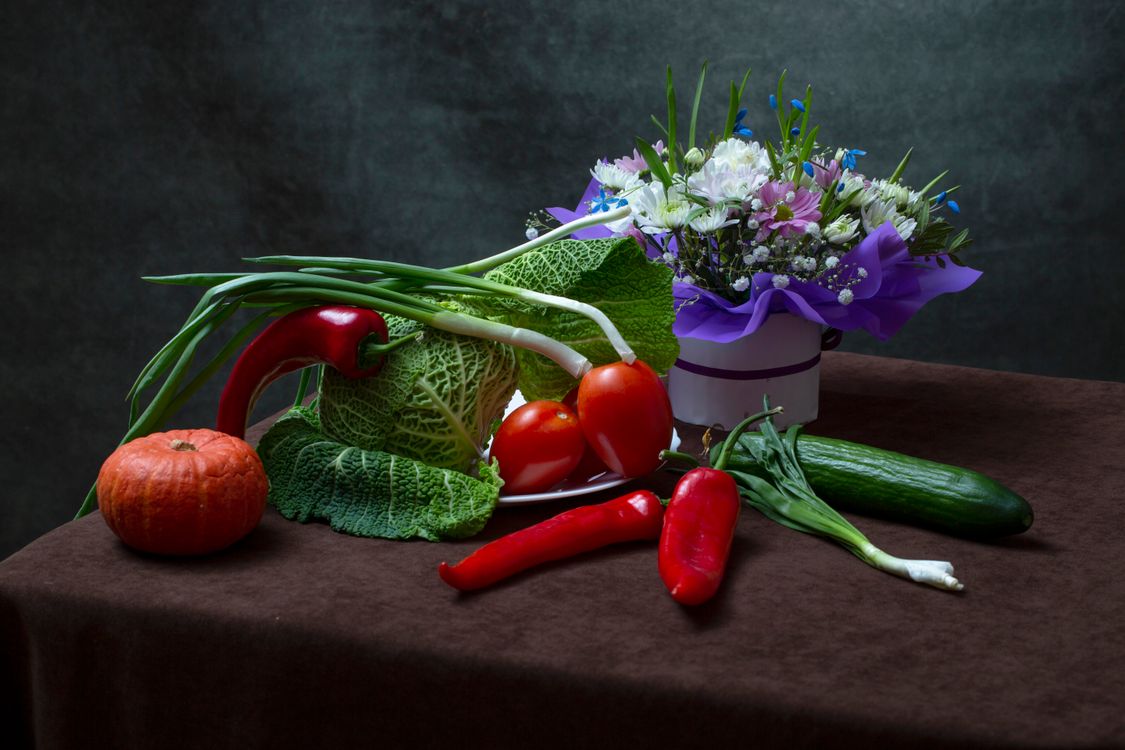 Vibrant Still Life with Vegetables and Flowers · Free Stock Photo