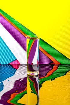 Colorful abstract image featuring a glass of water reflecting vibrant patterns.