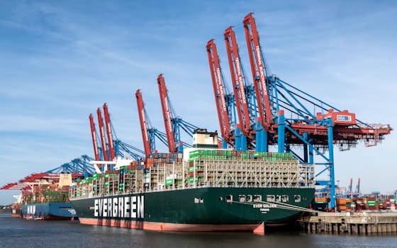 A vibrant container ship docked at Hamburg port with industrial cranes in view.