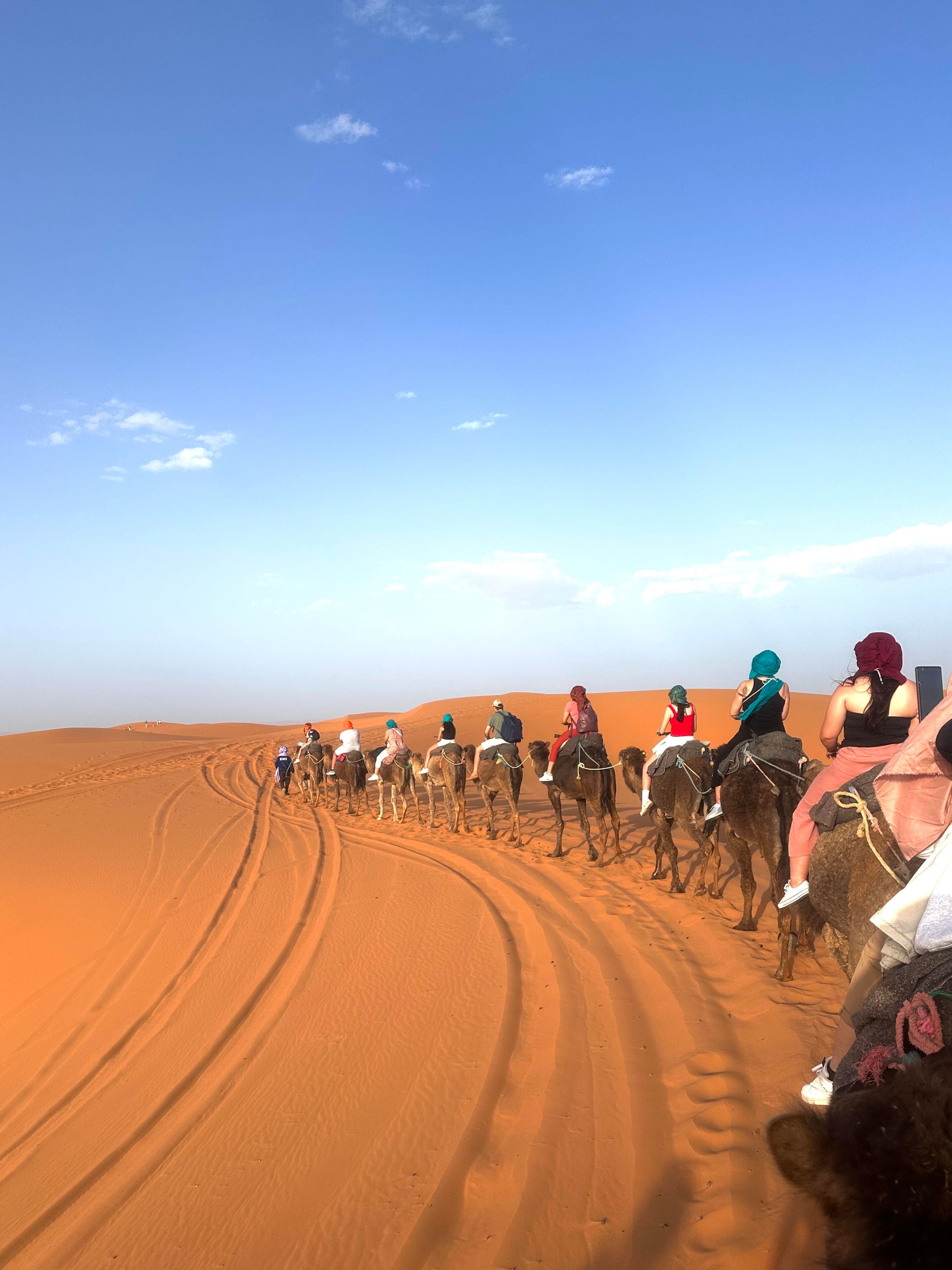 Travelers riding camels together across the Sahara desert dunes