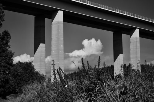 Free Black and white photo of a bridge with lush greenery and clouds in the background. Stock Photo