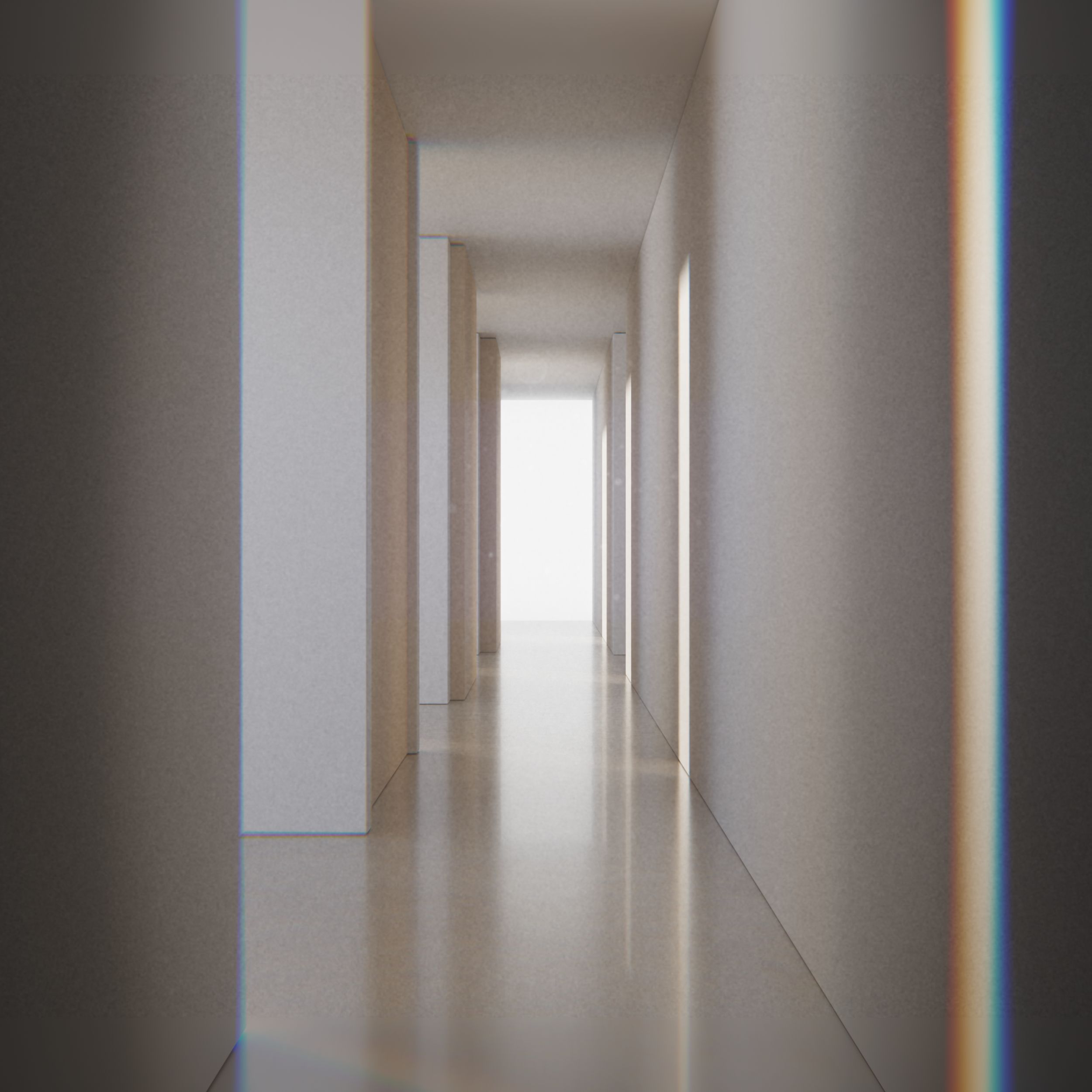 A minimalist, brightly lit hallway with geometric and futuristic elements.