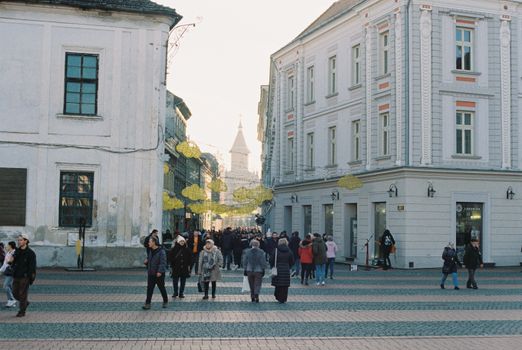A bustling street scene with people walking between historic buildings under a winter sky.