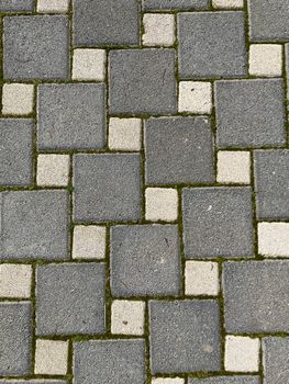 Close-up of a geometric cobblestone pavement with interwoven moss patterns.
