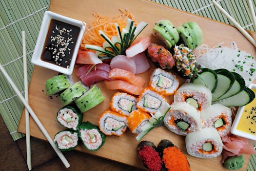 A vibrant sushi platter showcasing diverse rolls and fresh ingredients on a wooden board with soy sauce.