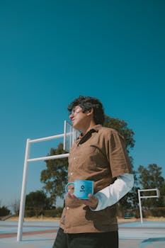 Casual young man with coffee cup on outdoor basketball court under sunny sky.