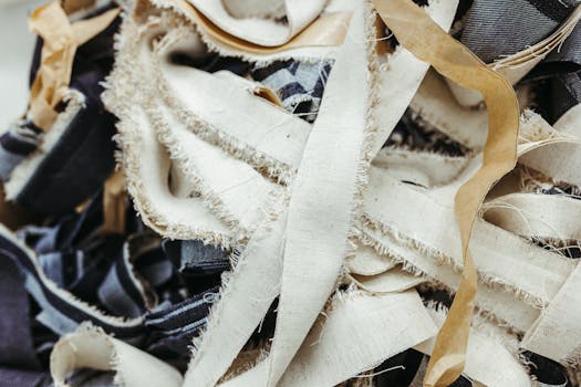 A detailed shot of various fabric strips showcasing a mix of textures and colors.