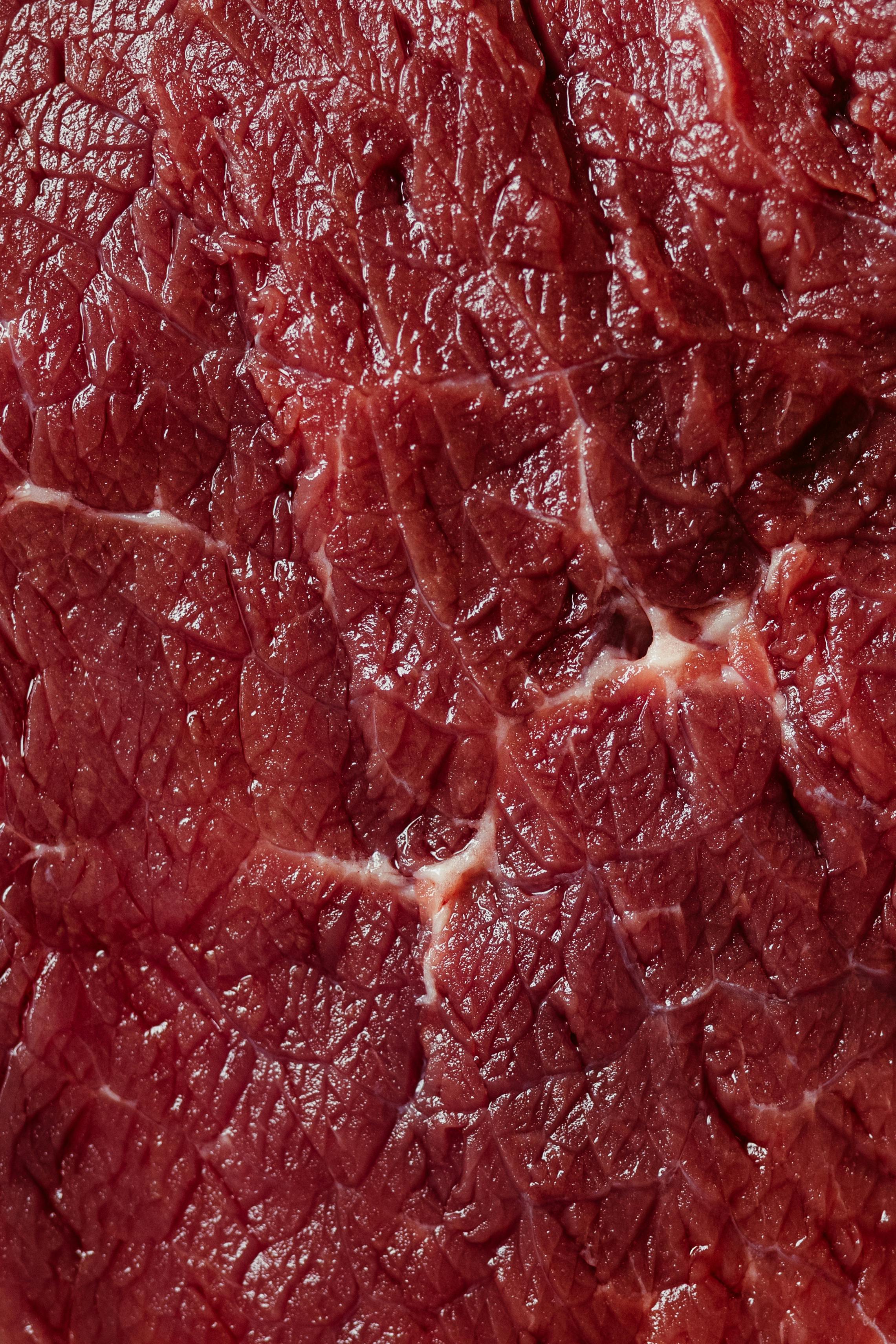 Detailed macro shot highlighting the intricate texture and marbling of raw beef meat.