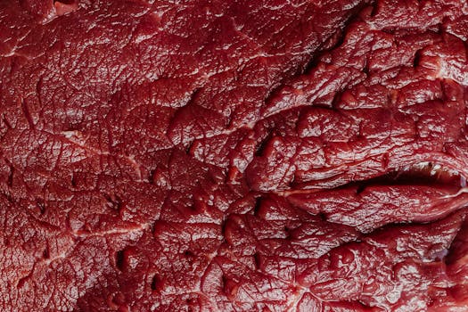 Detailed close-up of raw beef meat showcasing its rich texture and marbling.