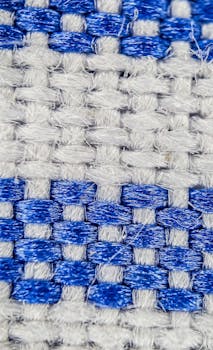 Detailed macro shot of intricate blue and white woven fabric showcasing texture.