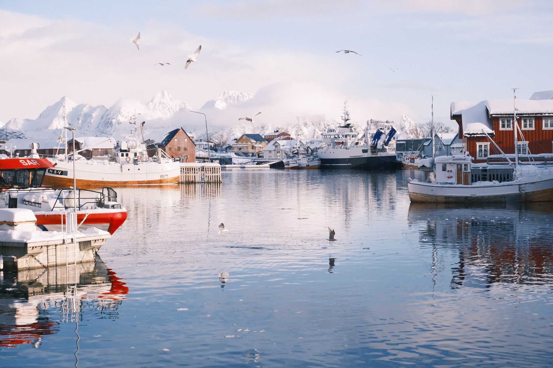 A picturesque winter scene of snowy harbor in Svolvær, Norway with boats and seagulls.