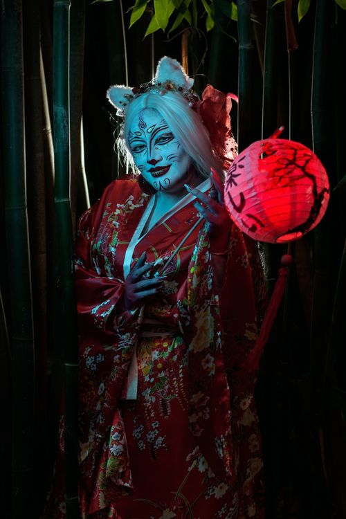 Free A person in elaborate fantasy cosplay holding a lantern in a bamboo forest. Stock Photo